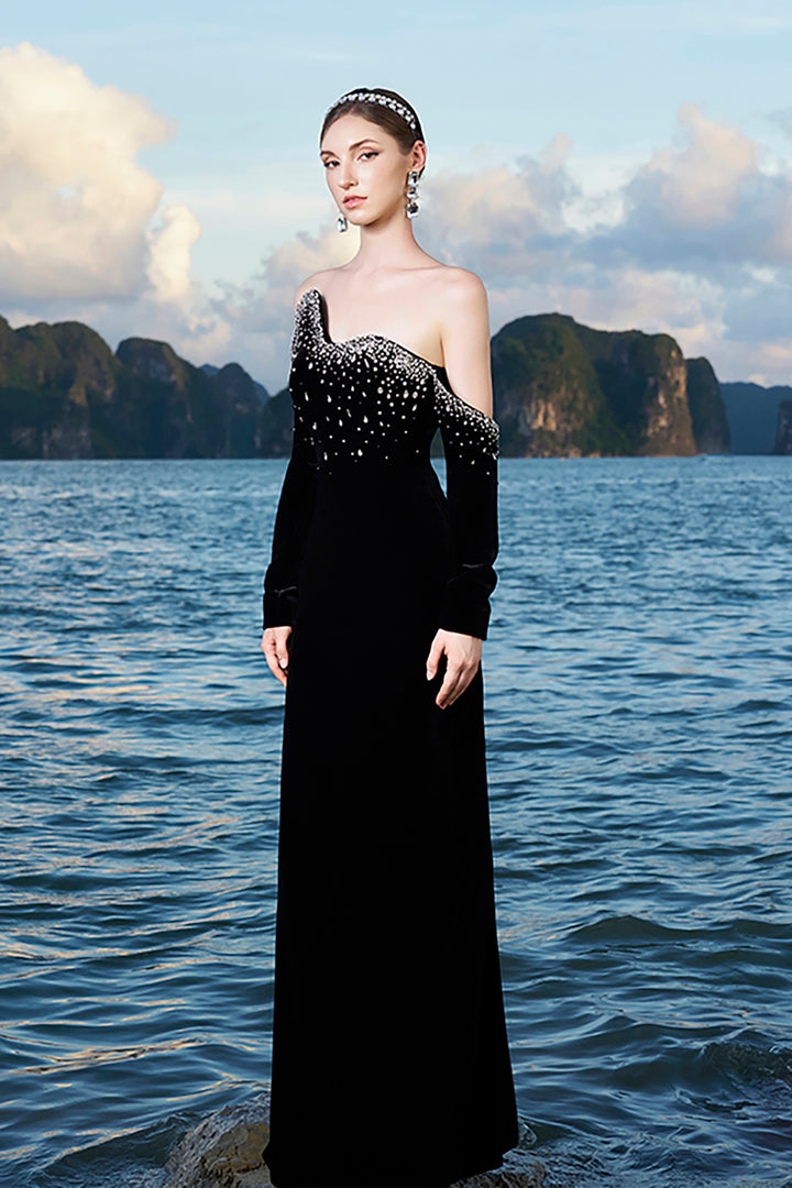 Velvet Off-Shoulder Dress with Crystal Embellishments