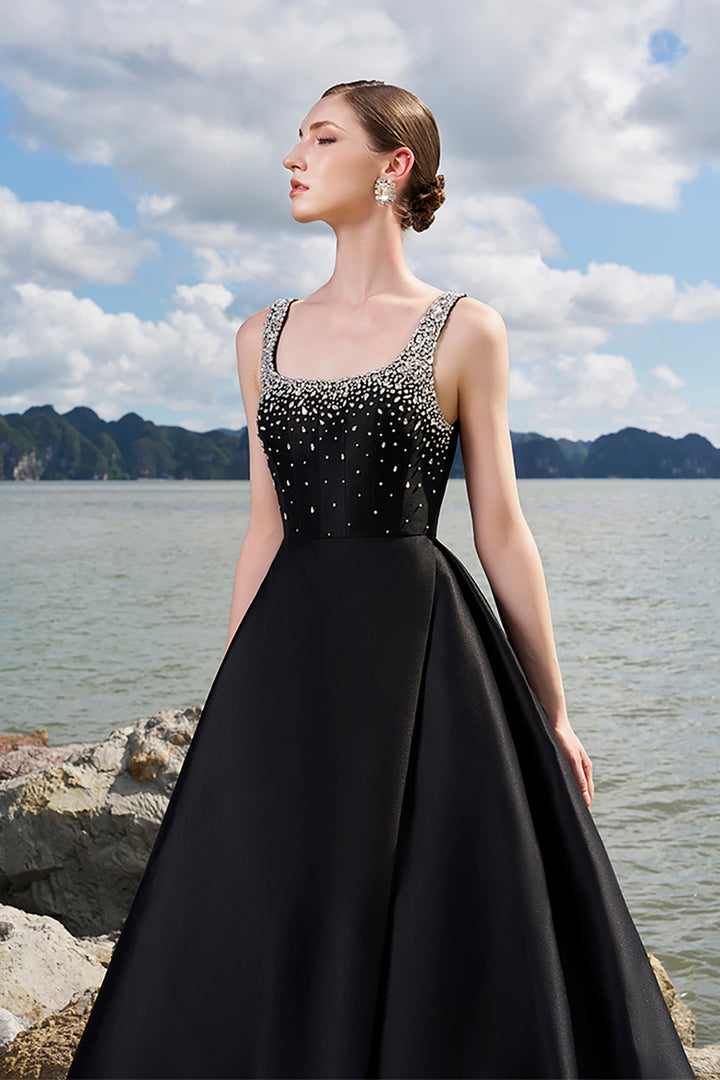 Crepe Dress with Crystal-Embellished Neckline
