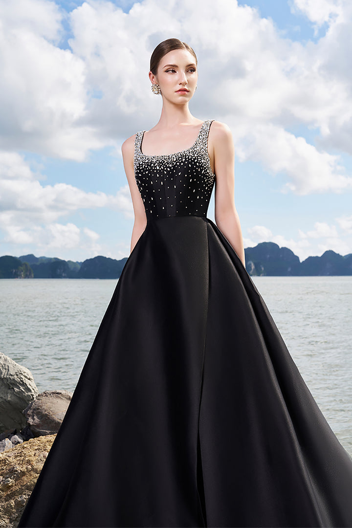 Crepe Dress with Crystal-Embellished Neckline