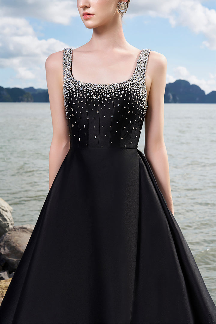 Crepe Dress with Crystal-Embellished Neckline