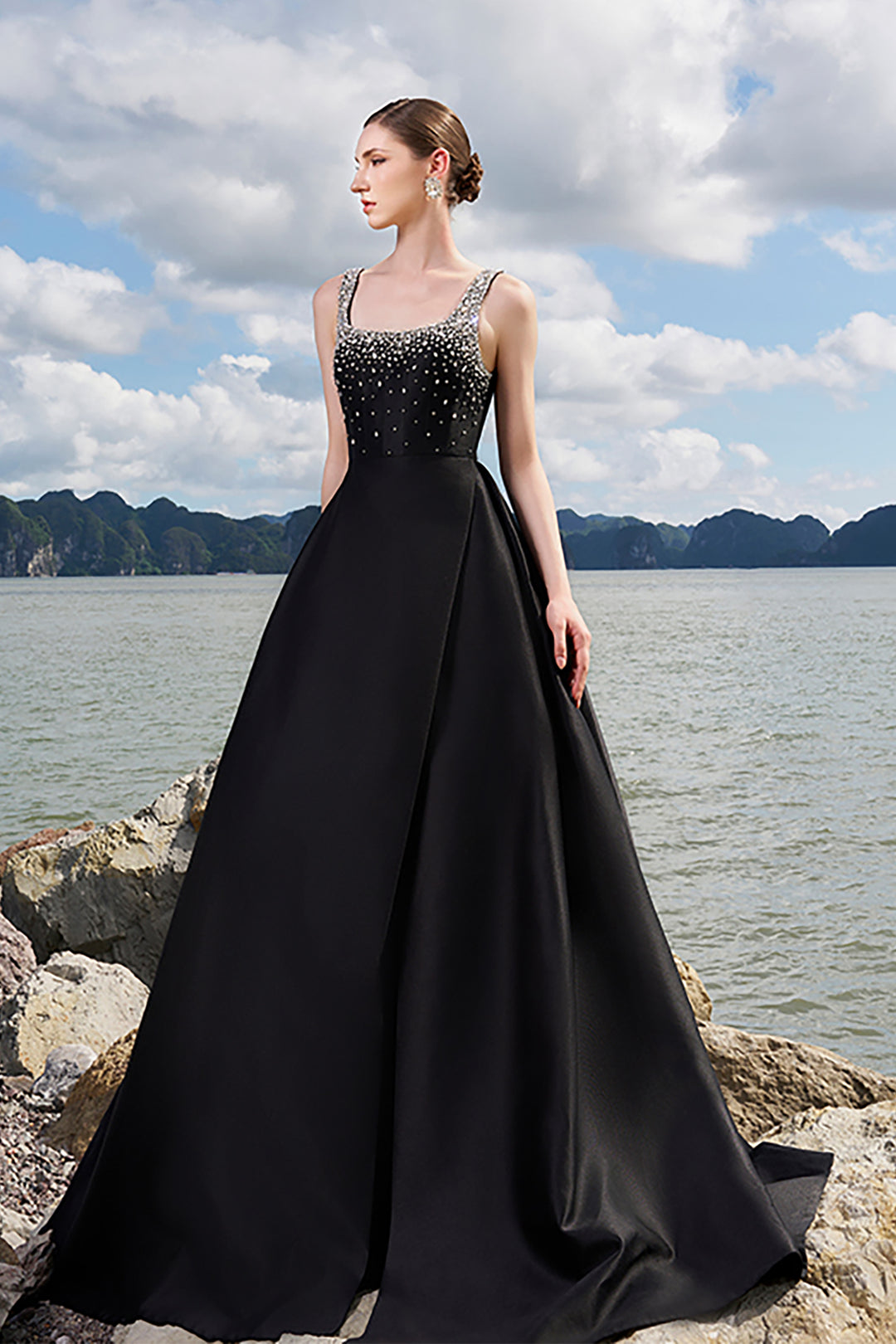 Crepe Dress with Crystal-Embellished Neckline