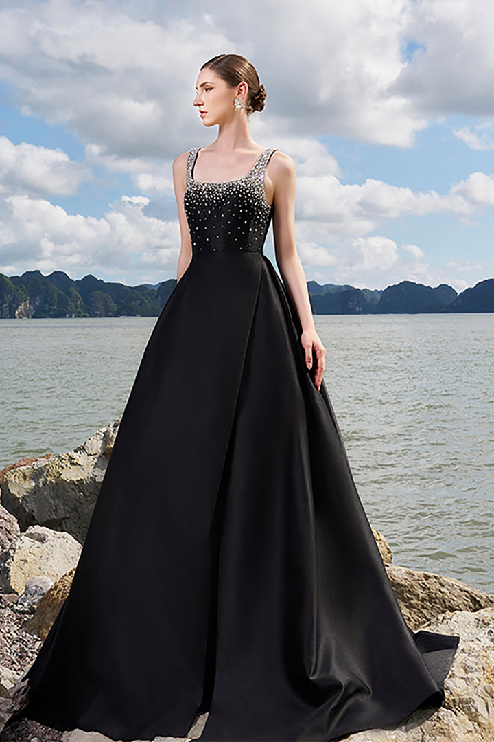Crepe Dress with Crystal-Embellished Neckline