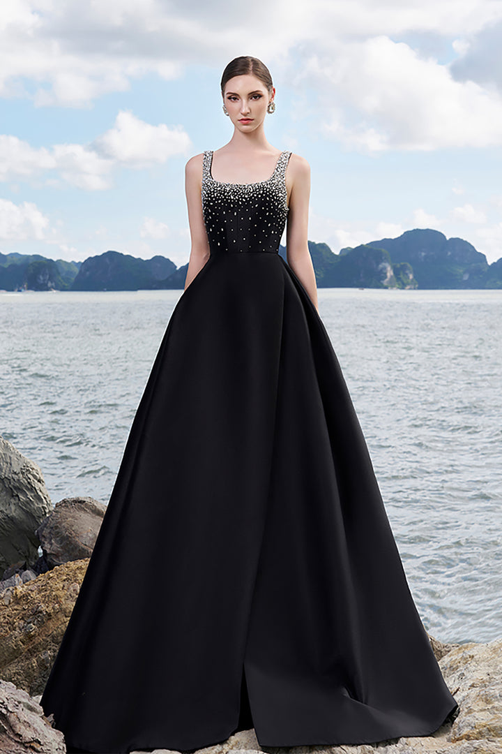 Crepe Dress with Crystal-Embellished Neckline