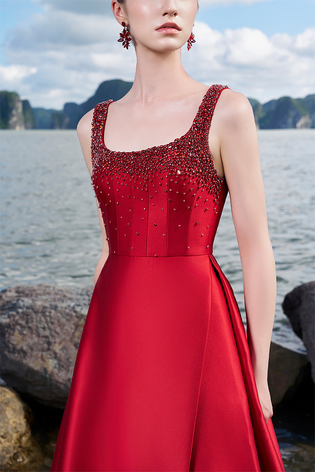 Crepe Dress with Crystal-Embellished Neckline