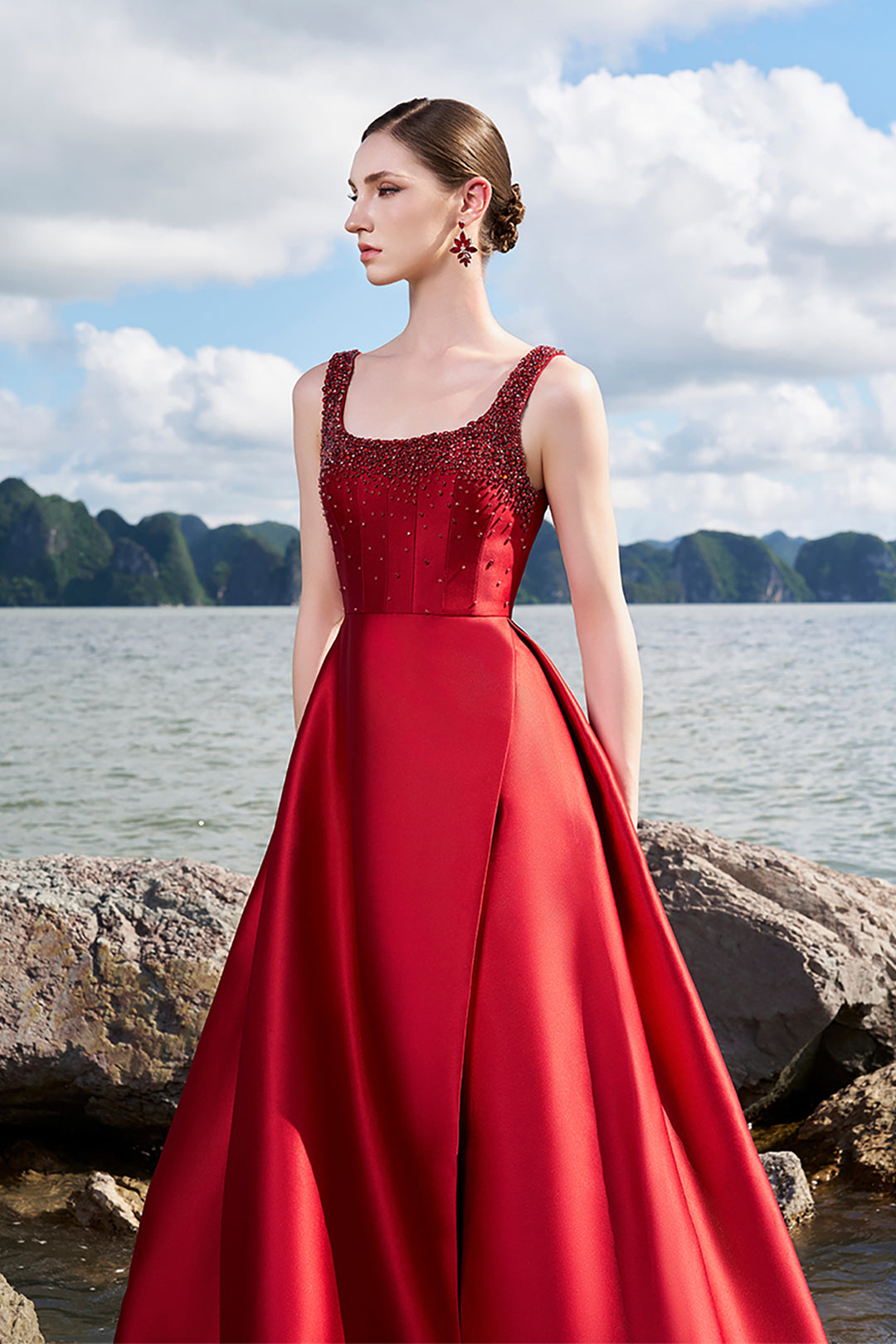 Crepe Dress with Crystal-Embellished Neckline