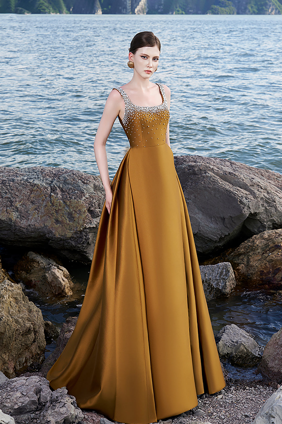 Crepe Dress with Crystal-Embellished Neckline