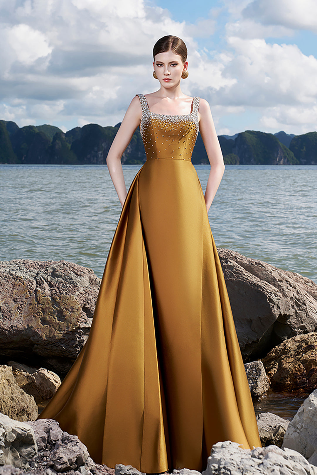 Crepe Dress with Crystal-Embellished Neckline Yellow / FR 52 Crepe Dress with Crystal-Embellished Neckline Yellow / FR 52