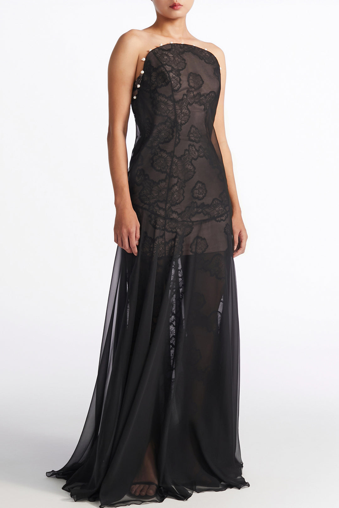 Sheer Strapless with Pearl Trimmed Dress