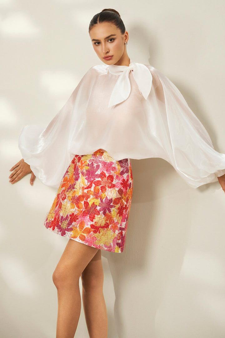 Side-Bow with High-Neck Floral and Brocade A-Line Dress