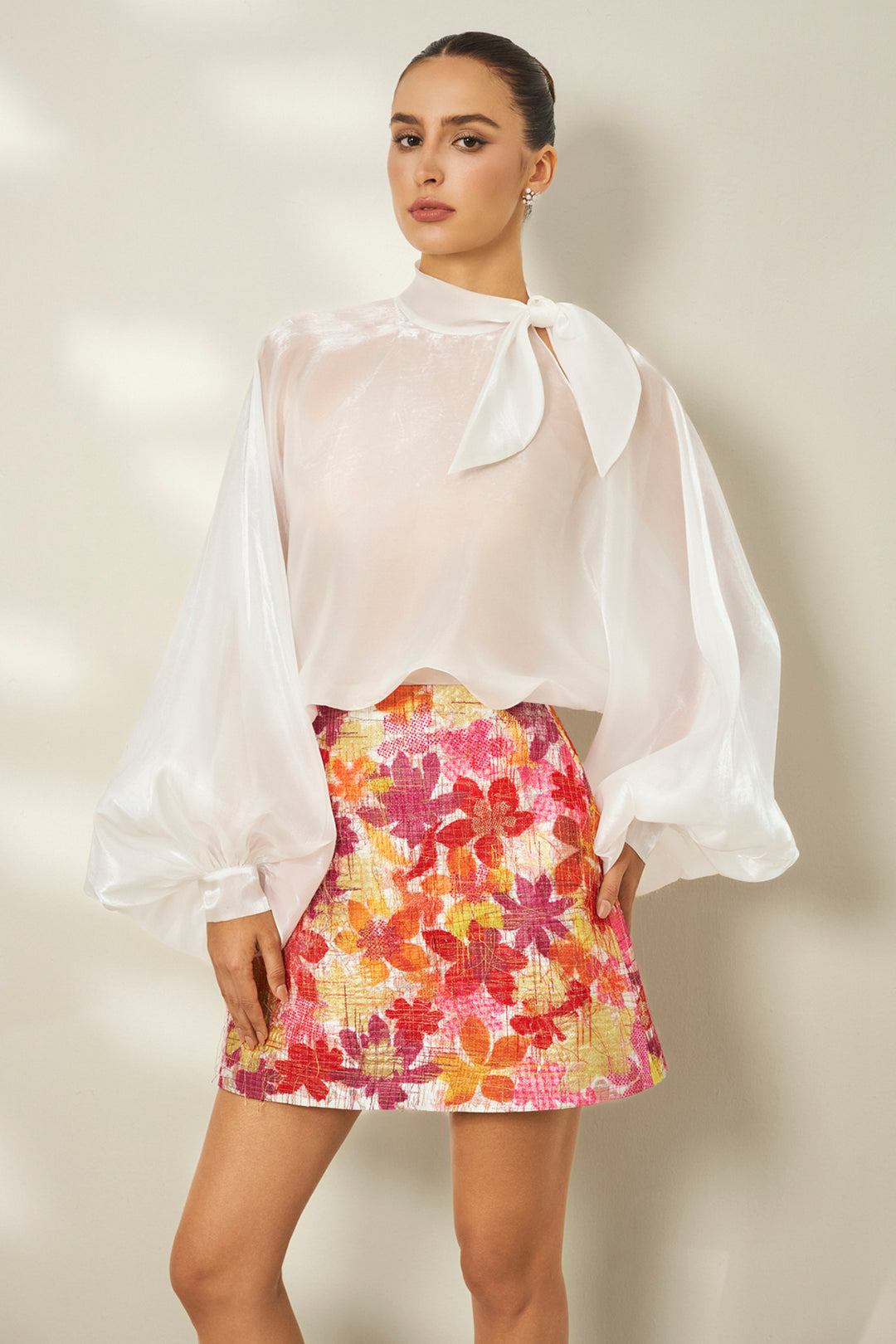 Side-Bow with High-Neck Floral and Brocade A-Line Dress