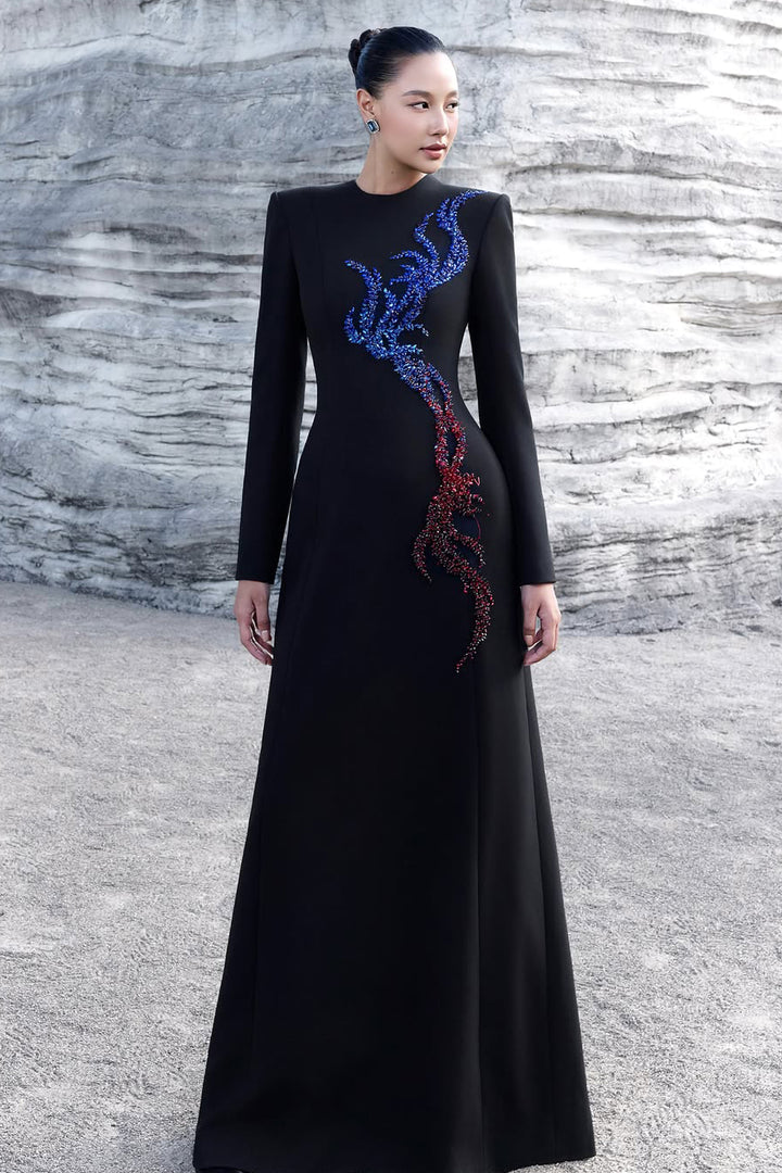 Long Sleeve Bead-Embellished Dress