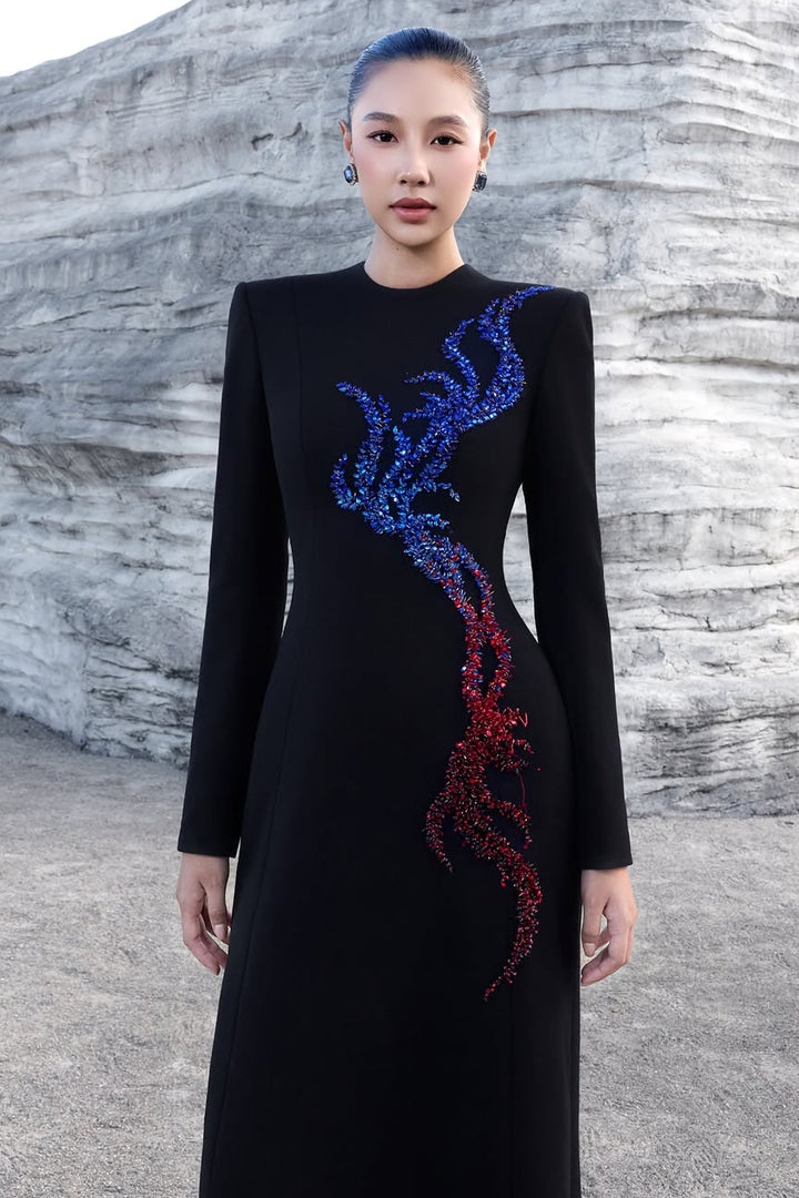 Long Sleeve Bead-Embellished Dress