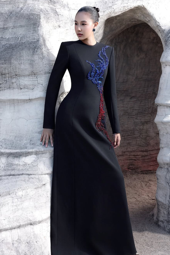 Long Sleeve Bead-Embellished Dress