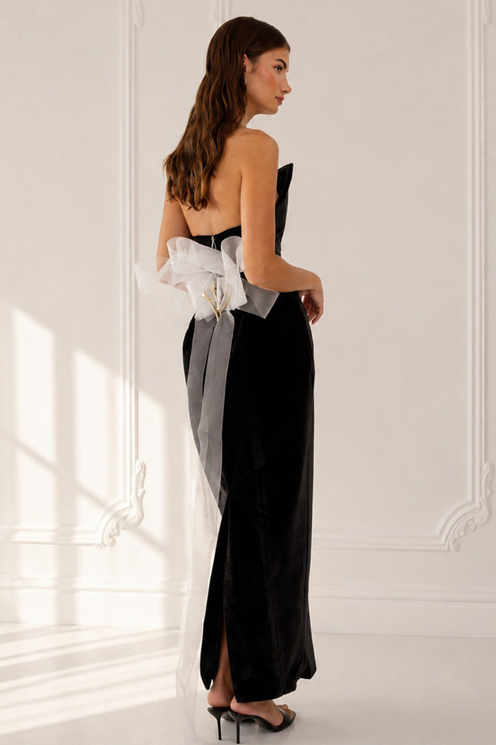 Straight Neckline with Back Bow and Long Velvet