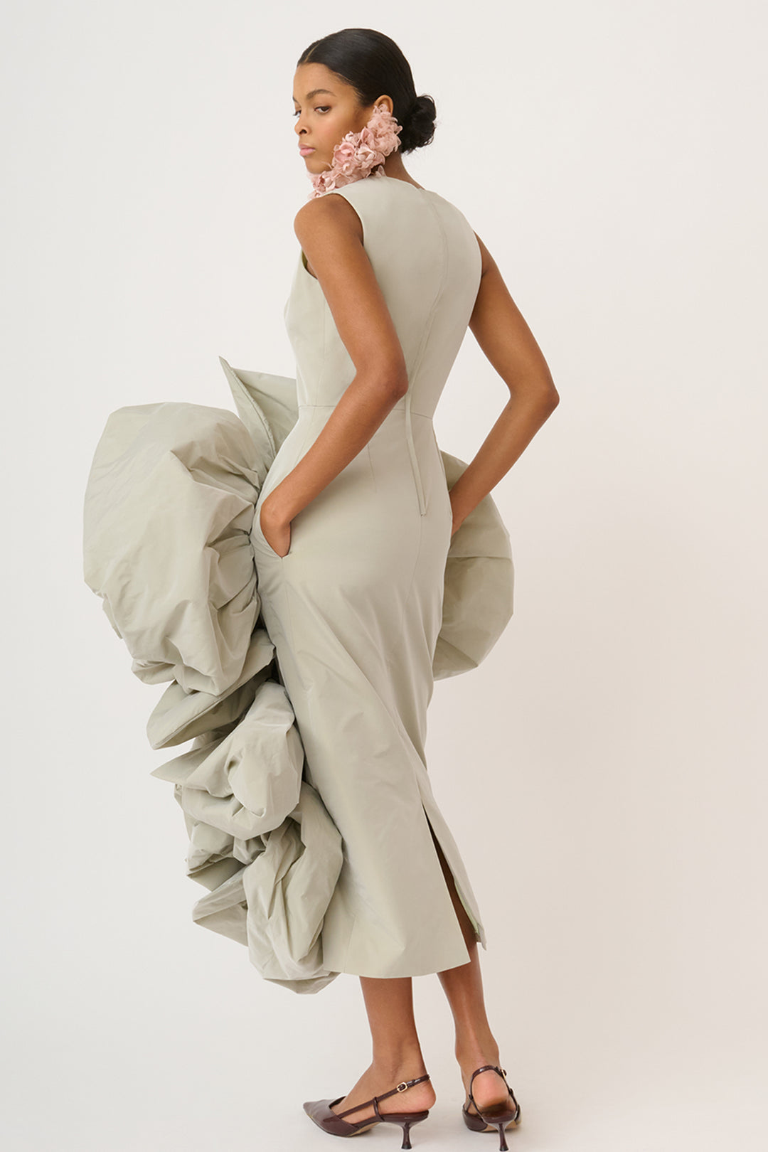 Sleeveless Taffeta Dress with Maxi Ruffles