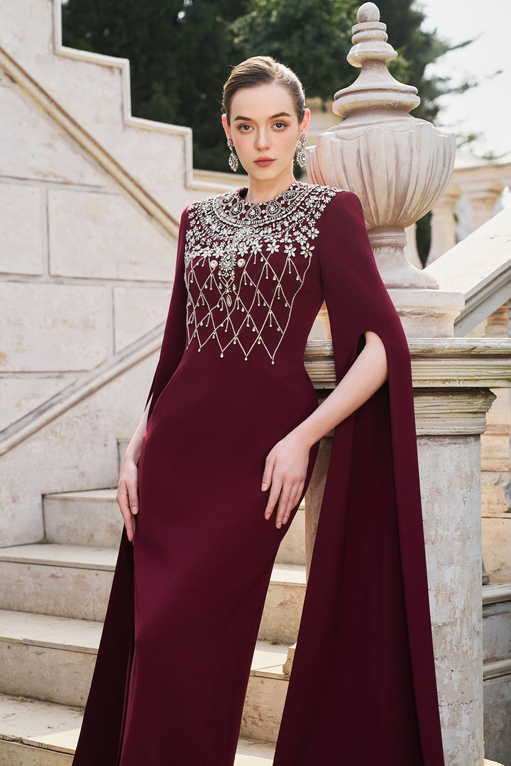 Long Cape Sleeve Crystal-Embellished Dress