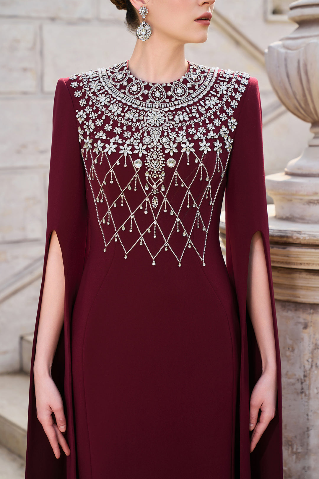 Long Cape Sleeve Crystal-Embellished Dress