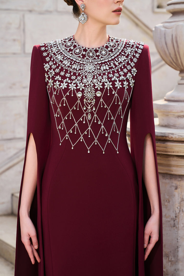 Long Cape Sleeve Crystal-Embellished Dress