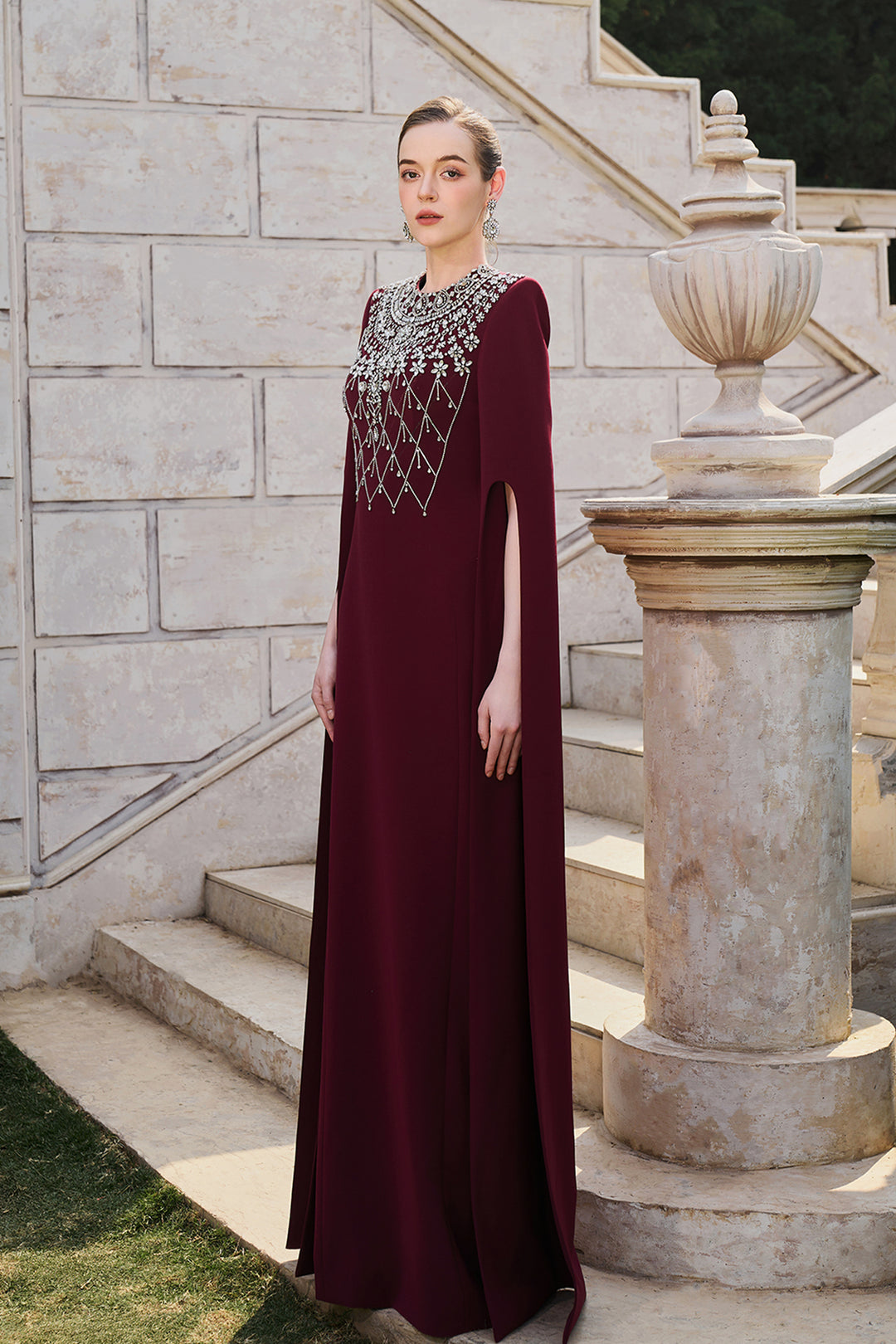 Long Cape Sleeve Crystal-Embellished Dress