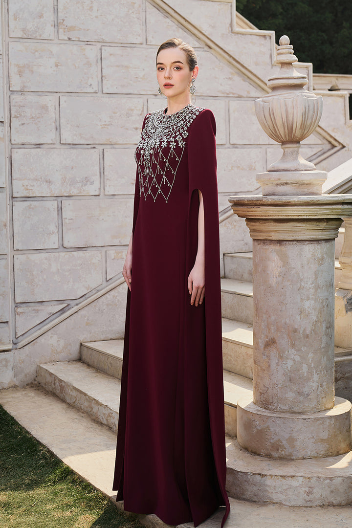 Long Cape Sleeve Crystal-Embellished Dress