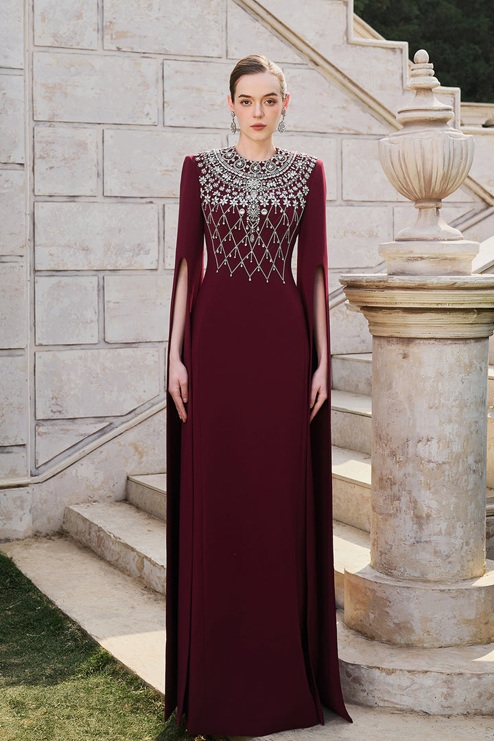 Long Cape Sleeve Crystal-Embellished Dress