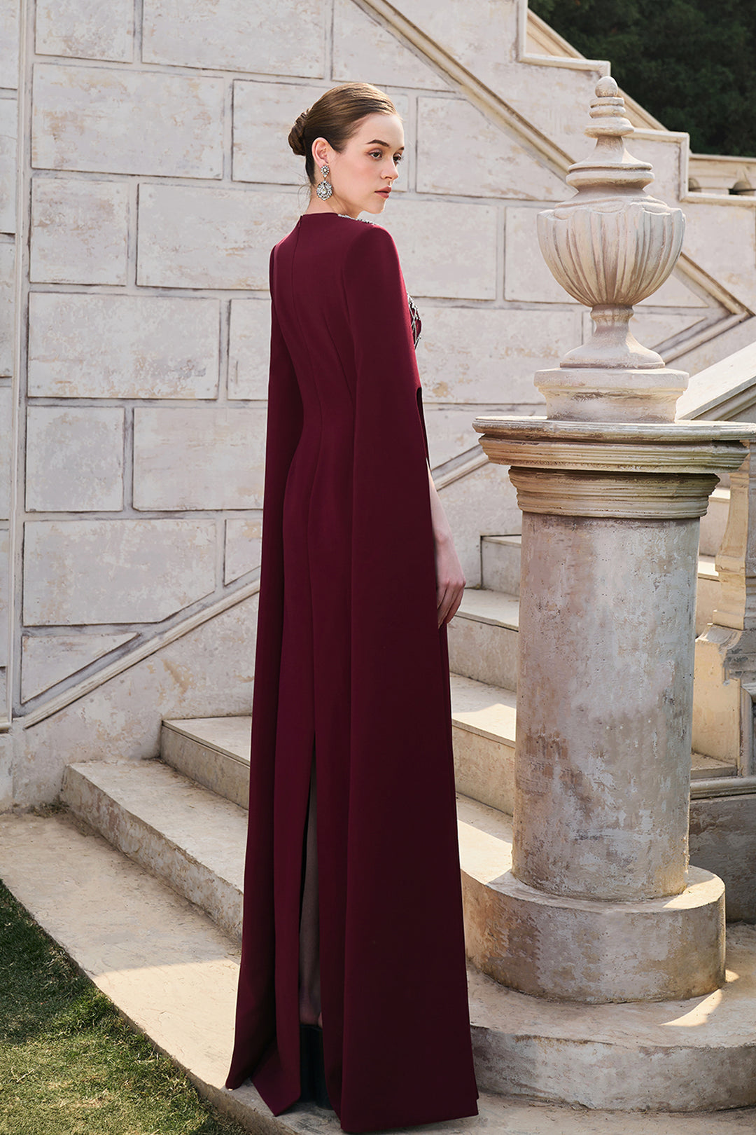 Long Cape Sleeve Crystal-Embellished Dress