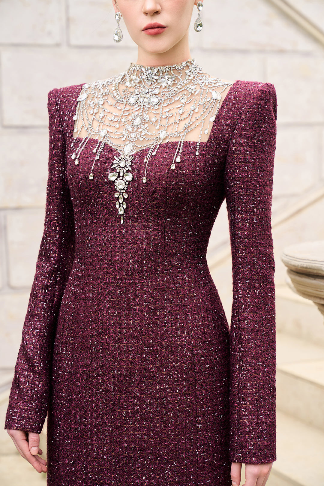 High-Neckline Stylised Crystal-Embellished Dress