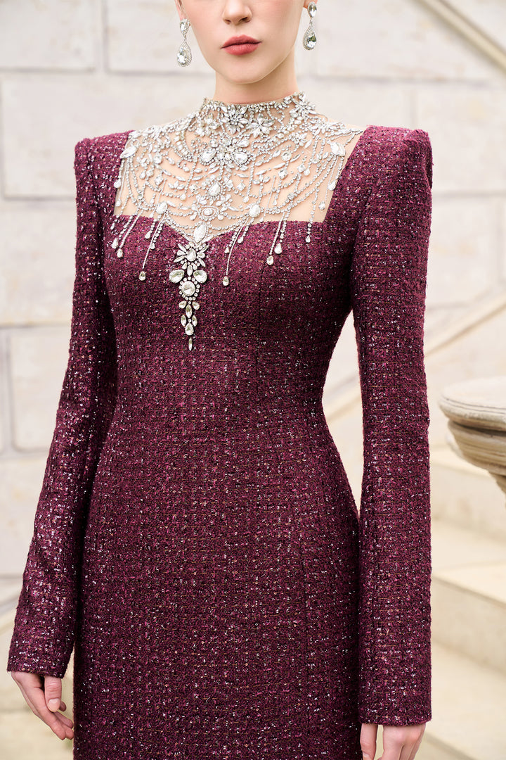 High-Neckline Stylised Crystal-Embellished Dress