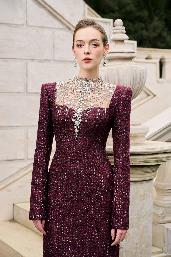 High-Neckline Stylised Crystal-Embellished Dress