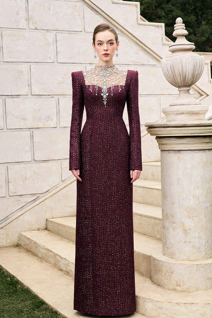 High-Neckline Stylised Crystal-Embellished Dress