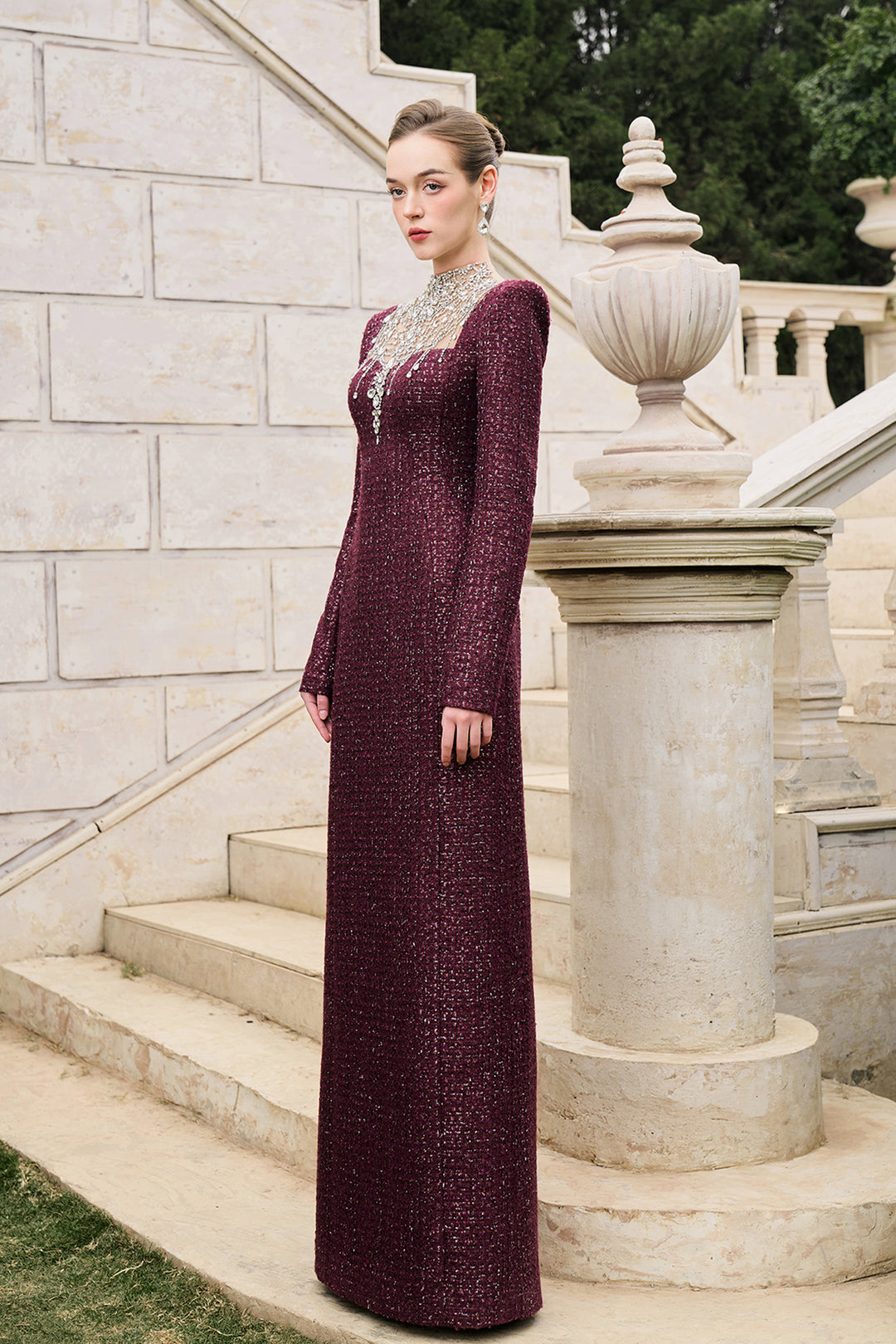 High-Neckline Stylised Crystal-Embellished Dress