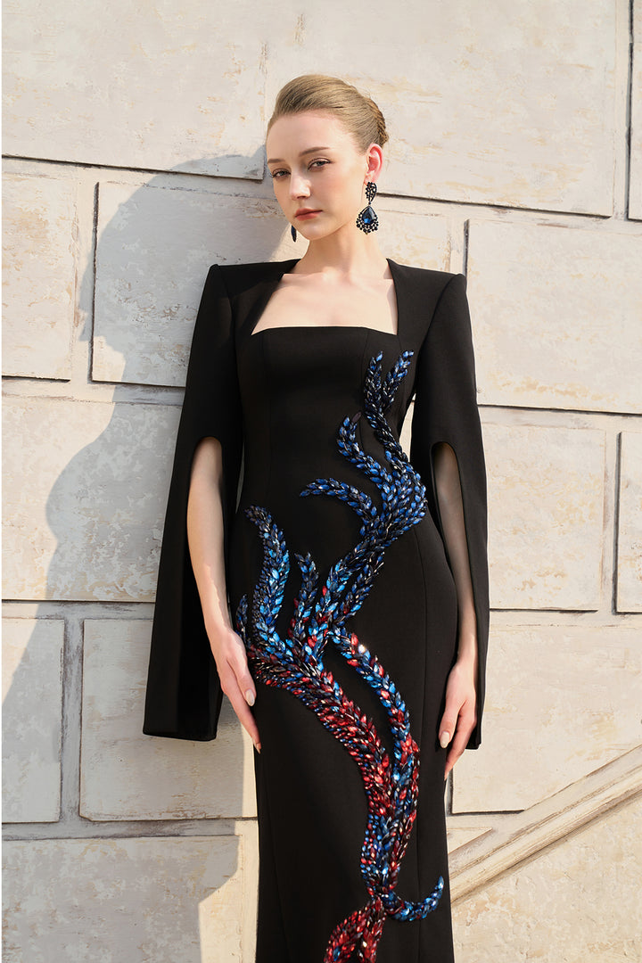 Flared Cape Sleeve Ombre-Embellished Dress