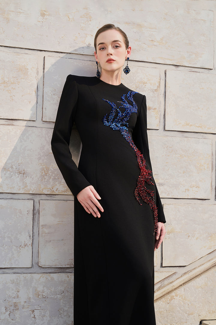 Long Sleeve Bead-Embellished Dress