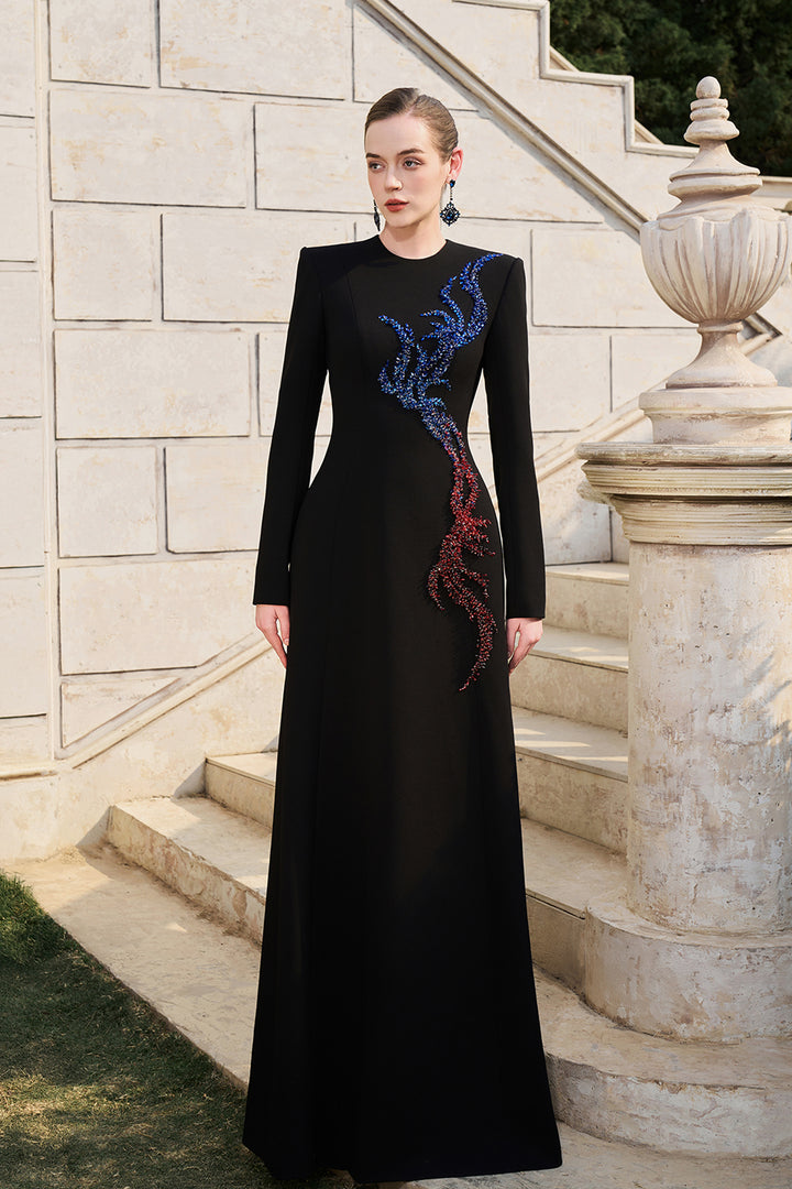 Long Sleeve Bead-Embellished Dress