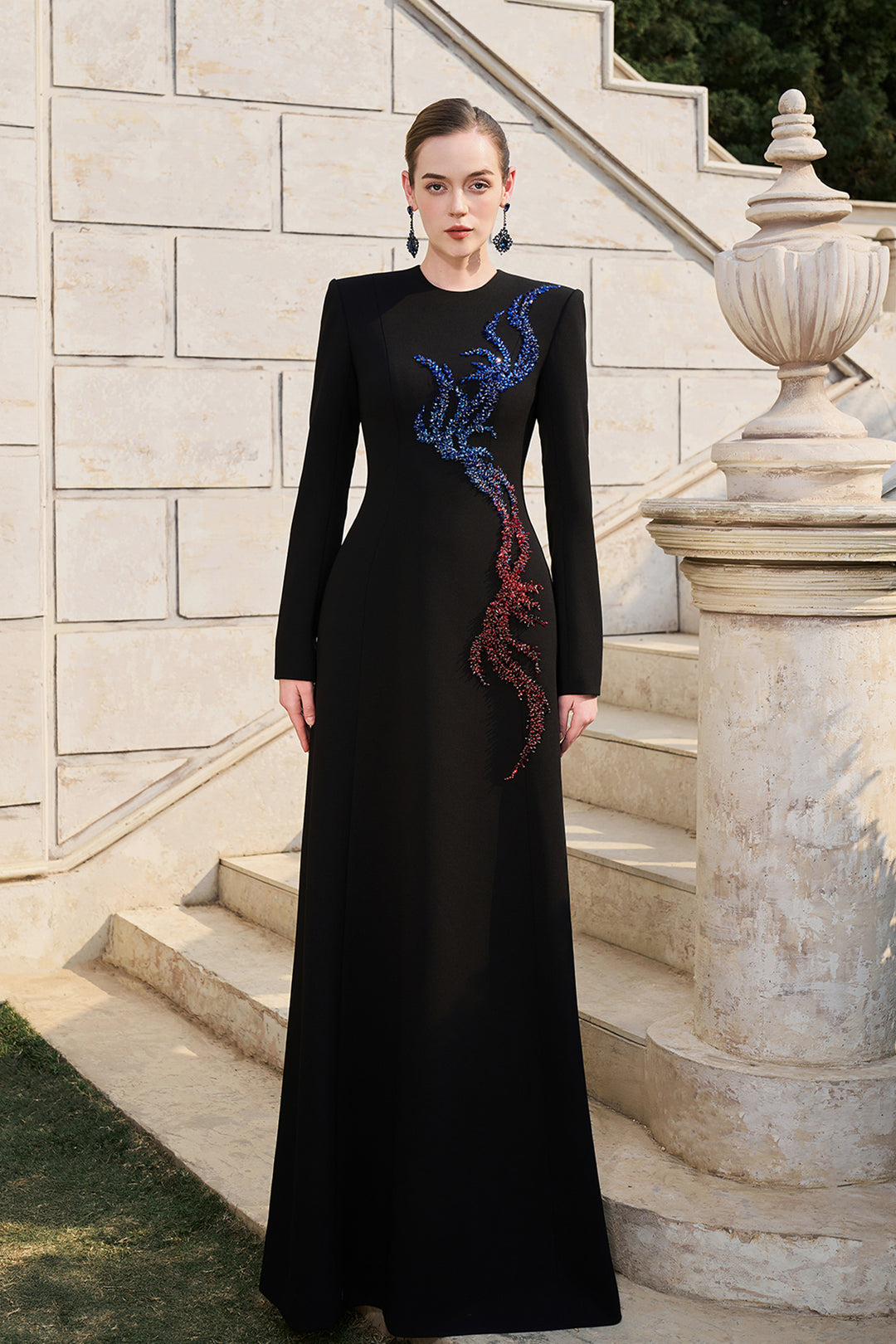 Long Sleeve Bead-Embellished Dress