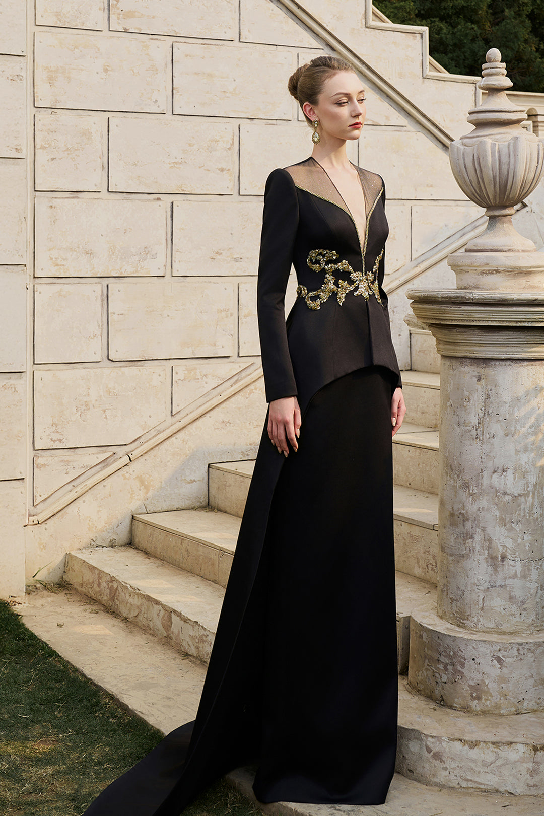 Deep V-Neckline Pegged A-line Dress