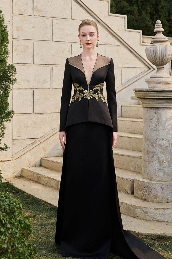 Deep V-Neckline Pegged A-line Dress