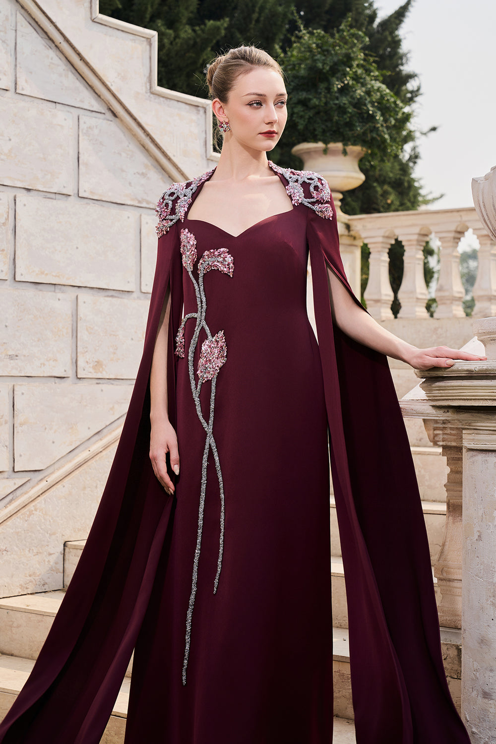 Long Sleeve Cape Trapezoid Neckline Dress Burgundy / FR 46 Long Sleeve Cape Trapezoid Neckline Dress Burgundy / FR 46