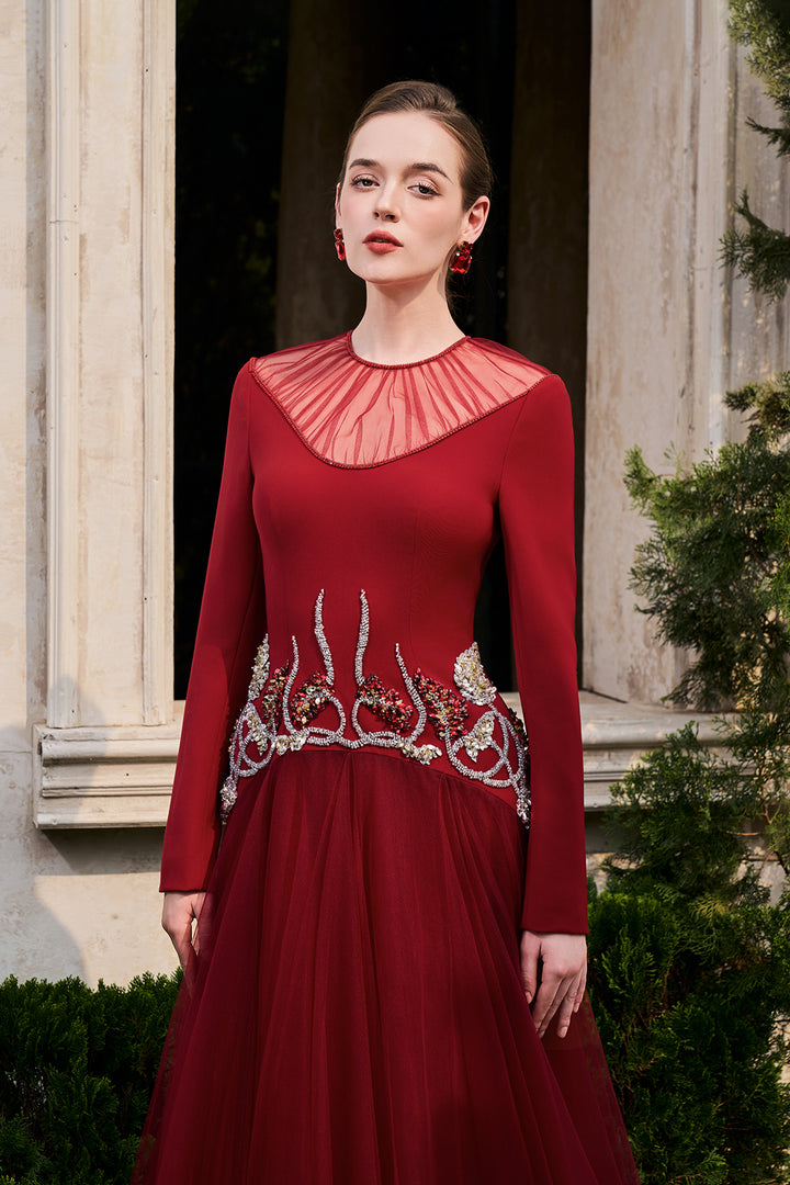 See-Through Shoulder Curved Crystal Hemline Dress