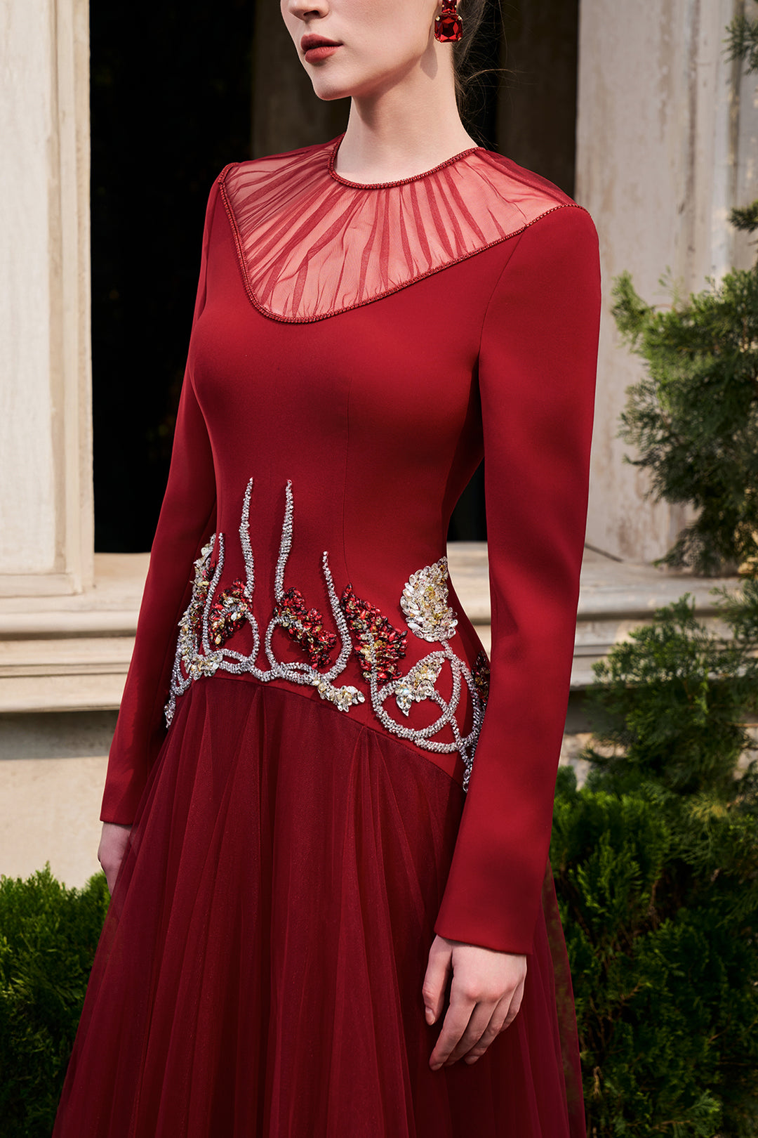 See-Through Shoulder Curved Crystal Hemline Dress