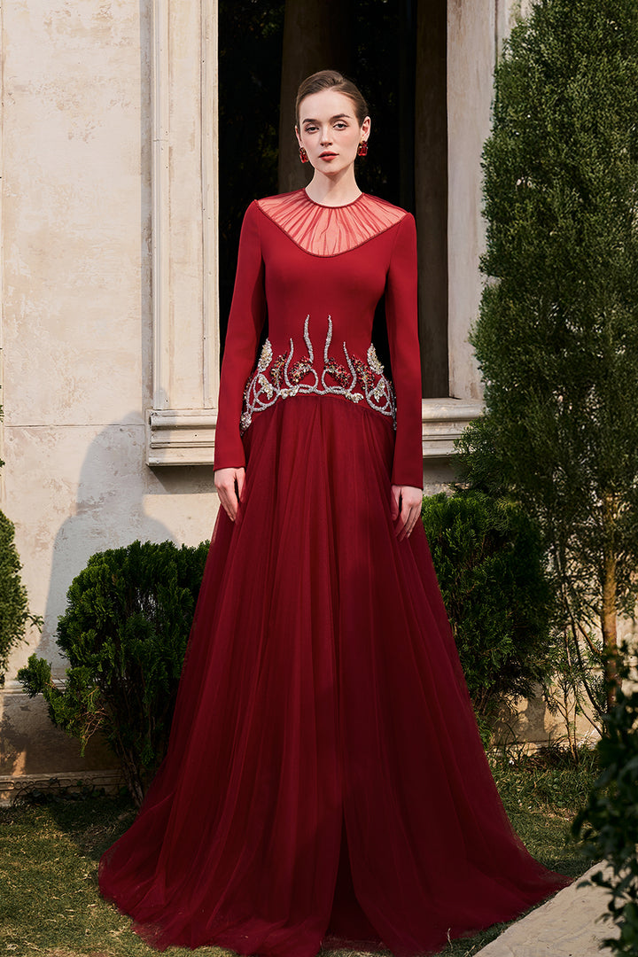 See-Through Shoulder Curved Crystal Hemline Dress