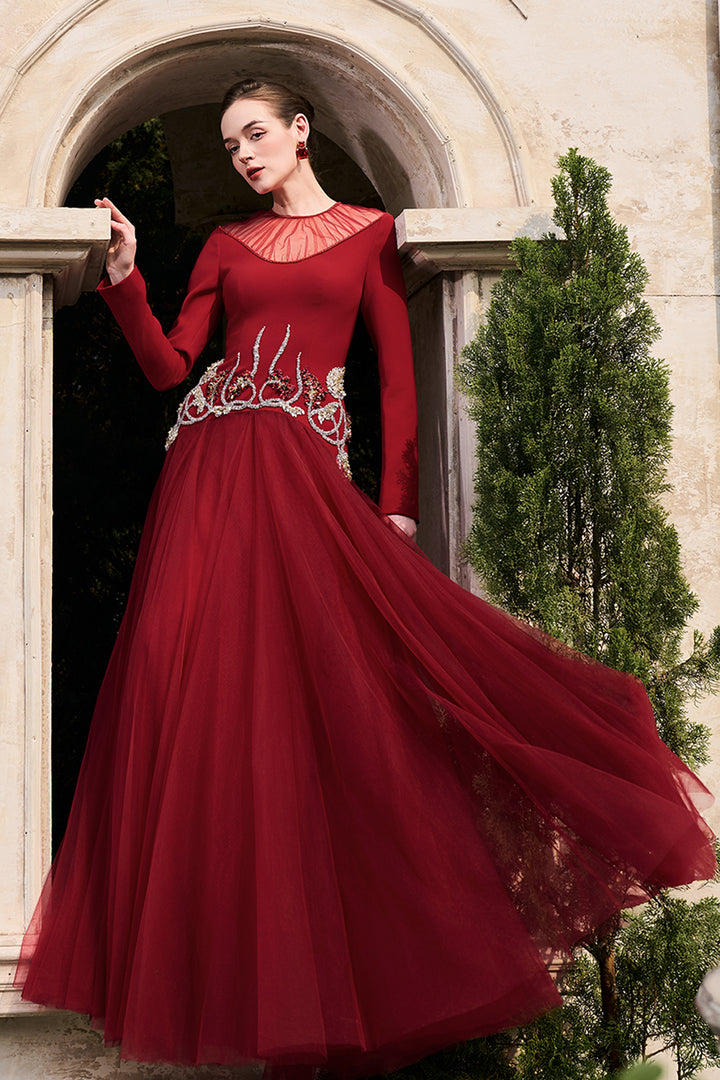 See-Through Shoulder Curved Crystal Hemline Dress