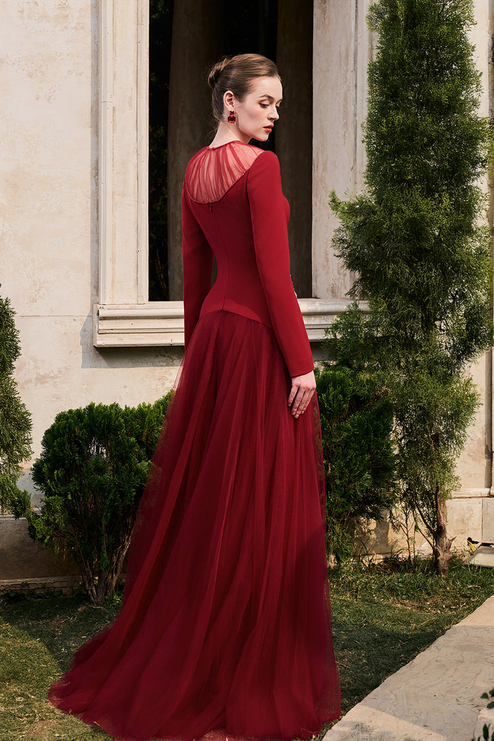 See-Through Shoulder Curved Crystal Hemline Dress