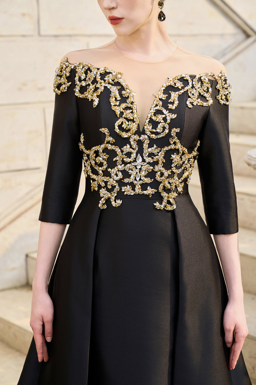 Off-The-Shoulder Middle Sleeve Flared Dress