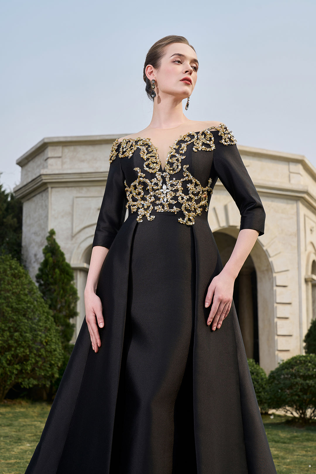 Off-The-Shoulder Middle Sleeve Flared Dress Black / FR 38 Off-The-Shoulder Middle Sleeve Flared Dress Black / FR 38