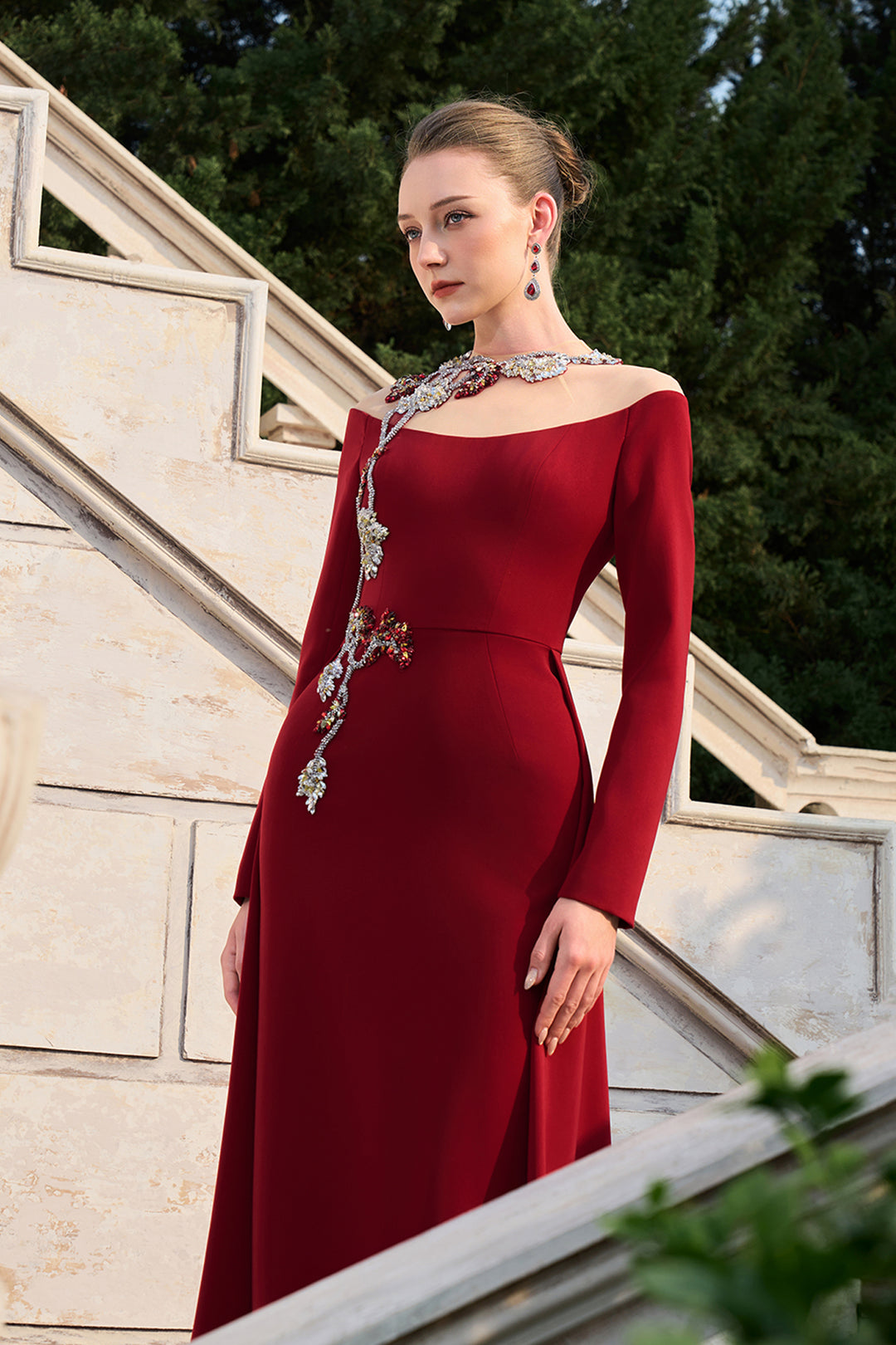 3D Embellished Flared Flap Dress Red / FR 50 3D Embellished Flared Flap Dress Red / FR 50