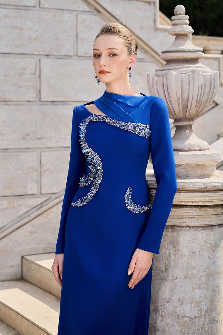 Diagonal Neckline With Curved Crystal-Embellished Dress