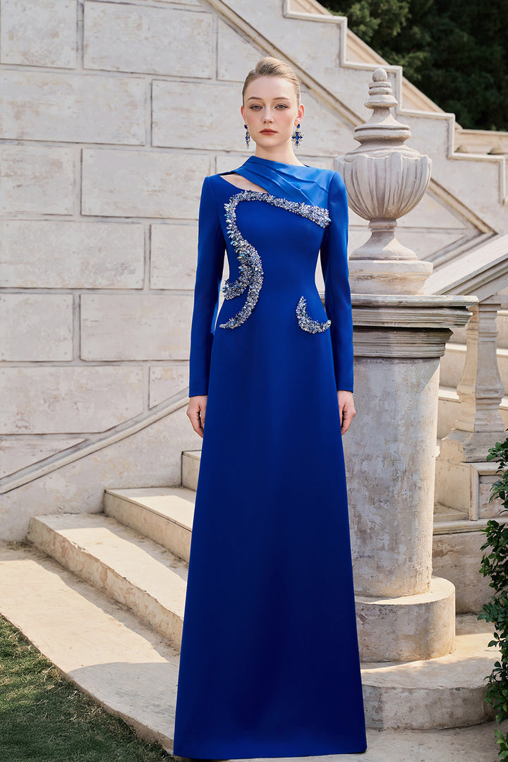 Diagonal Neckline With Curved Crystal-Embellished Dress