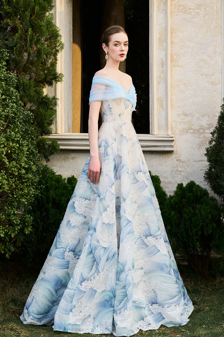 Off-The-Shoulder Cloudy Flared A-Line Dress