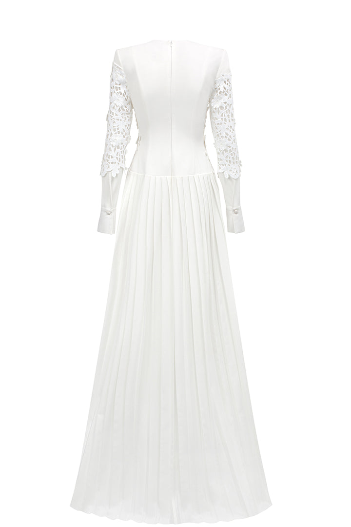 Long Sleeve Deep V-Neck Floral Pleated Dress